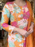 Gosriki Women'S Cotton Blend Embroidered Floral Printed Straight Kurta With Pant & Dupatta (Litup-Orange-Nw-Gs_S_Orange_Small),Orange,,B0BT87WCBB
