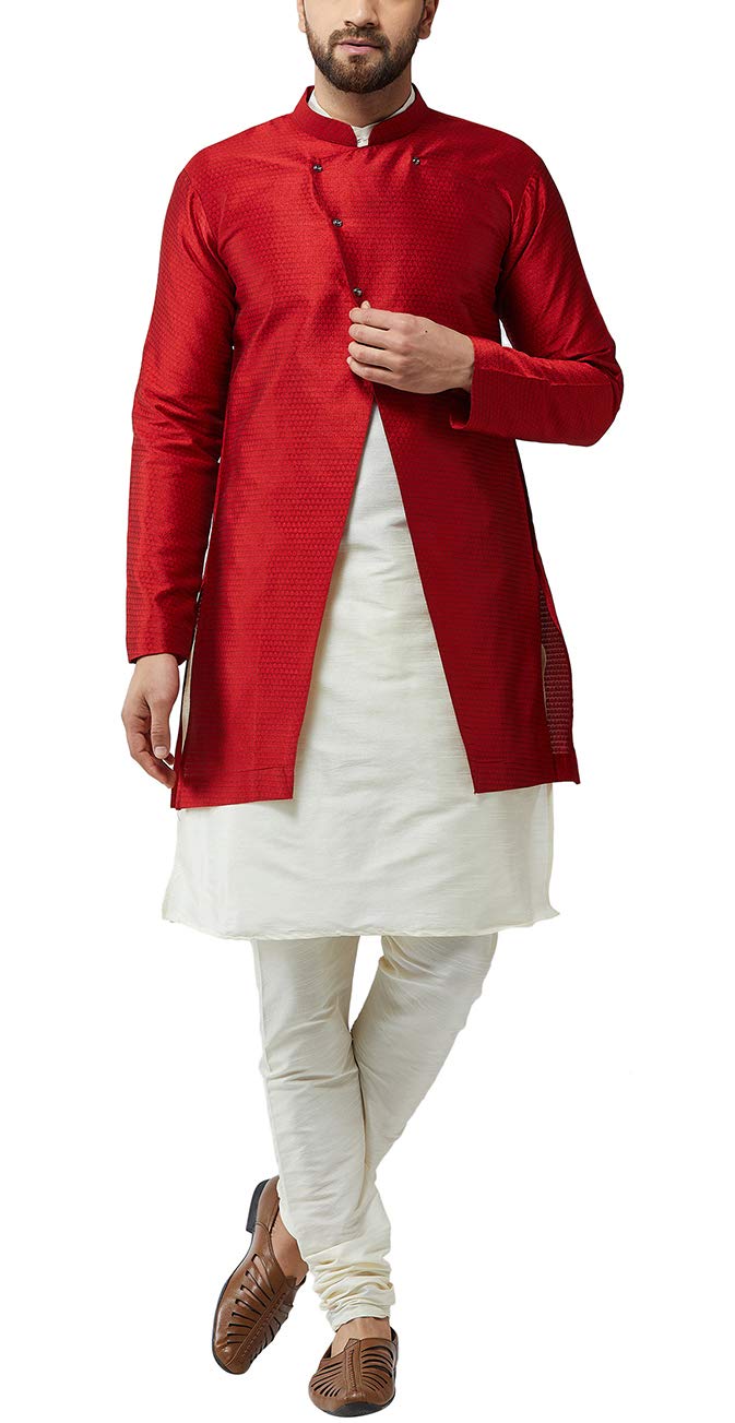 Sojanya (Since 1958 Men'S Silk Blend Cream Kurta Churidaar Pyjama & Maroon Jacket Combo Size 42