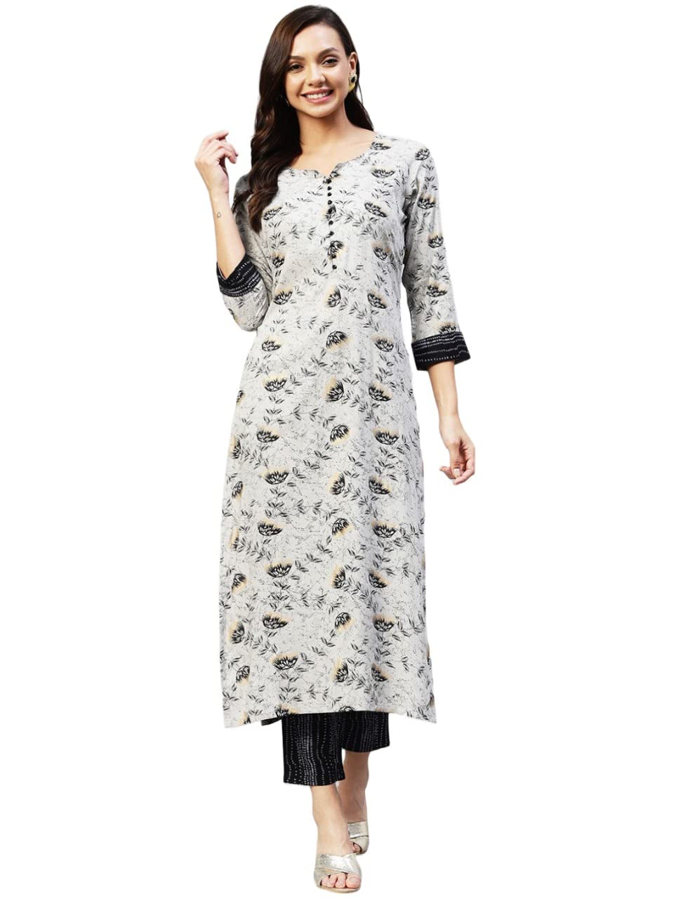 Gosriki Women'S Cotton Blend Straight Printed Kurta With Pant (Lucifer Grey_Xl-Go_Grey_X-Large),Grey,,B0BBVSN8Z1