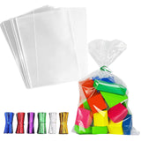 LEOSINDA Clear Cellophane Treat Bags 100pcs 7 X 12 In Clear Cellophane Bags with 6 Mix Colors Twist Ties for Gift Wrapping,Packa