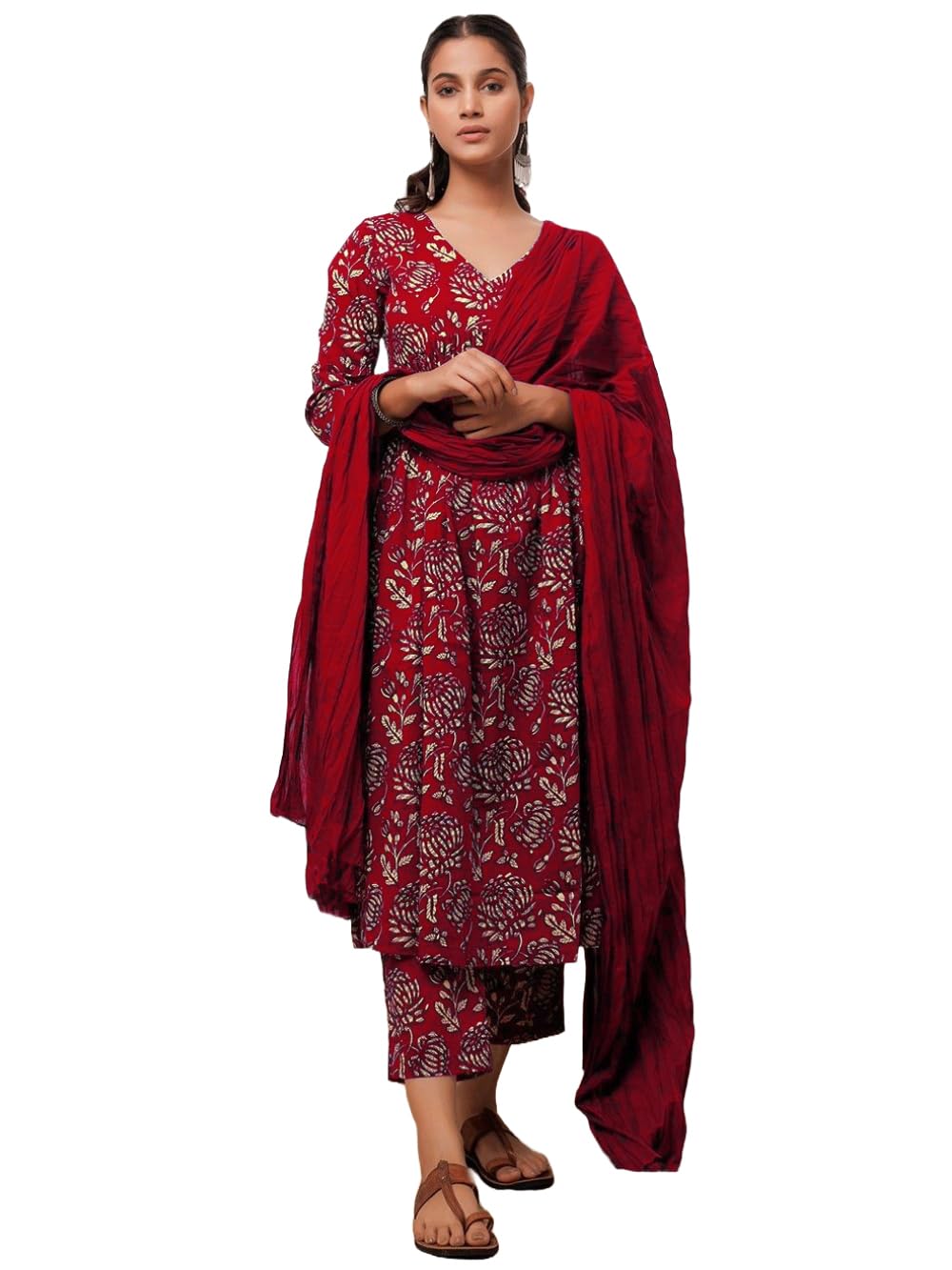 Anni Designer Women'S Cotton Blend Anarkali Printed Kurta With Pant & Dupatta (Dabu Red_L_Red_Large),Red,L