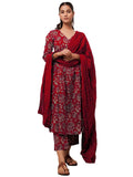 Anni Designer Women'S Cotton Blend Anarkali Printed Kurta With Pant & Dupatta (Dabu Red_L_Red_Large),Red,L