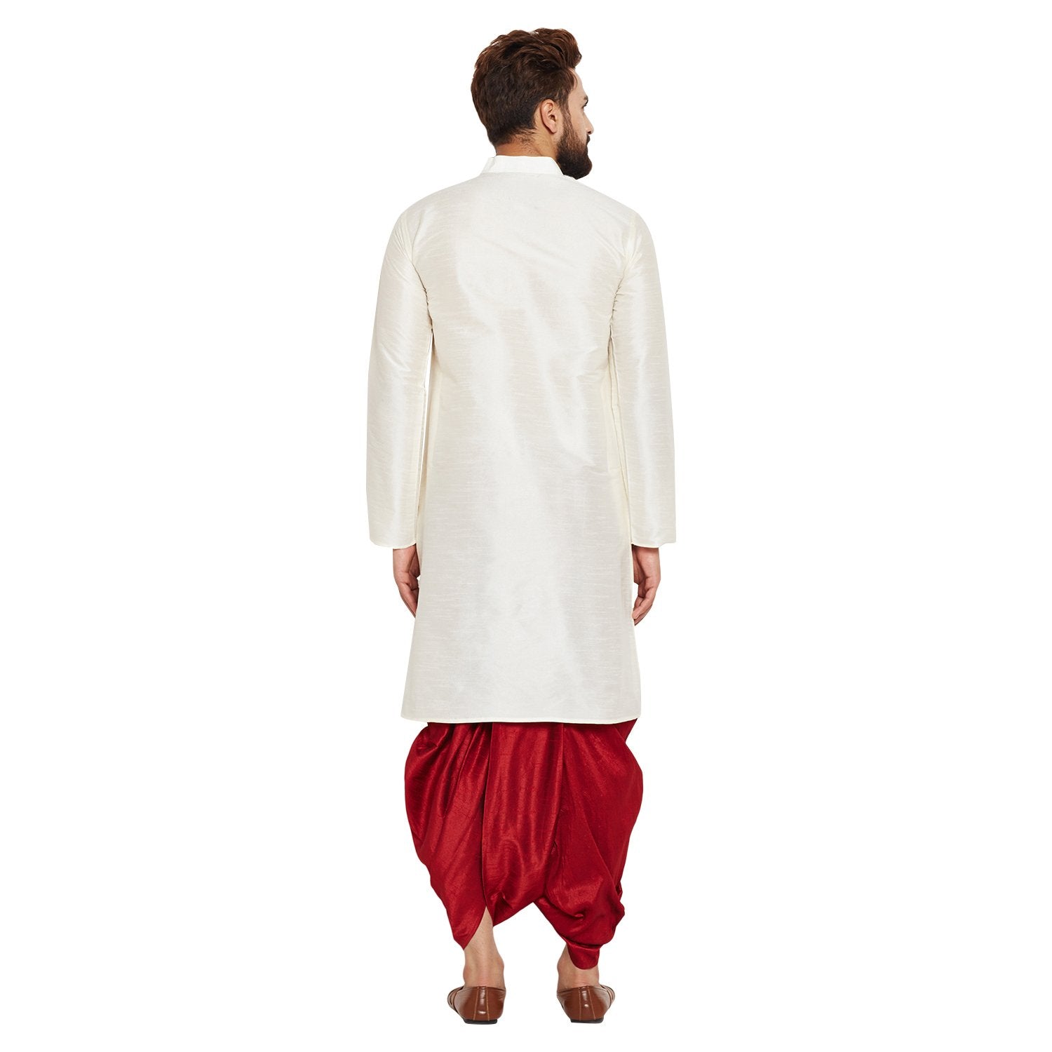 Sojanya (Since 1958 Men'S Dupion Silk Dhoti Kurta Set Off-White And Maroon M