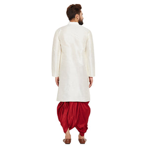 Sojanya (Since 1958 Men'S Dupion Silk Dhoti Kurta Set Off-White And Maroon M
