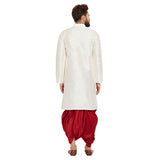 Sojanya (Since 1958 Men'S Dupion Silk Dhoti Kurta Set Off-White And Maroon M