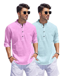 Bellstone Men'S Cotton Blend Solid Regular Dress Shirt (Kurta1500_Combo_L Pink & Aqua_M_Light