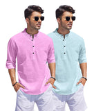 Bellstone Men'S Cotton Blend Solid Regular Dress Shirt (Kurta1500_Combo_L Pink & Aqua_Xl_Light
