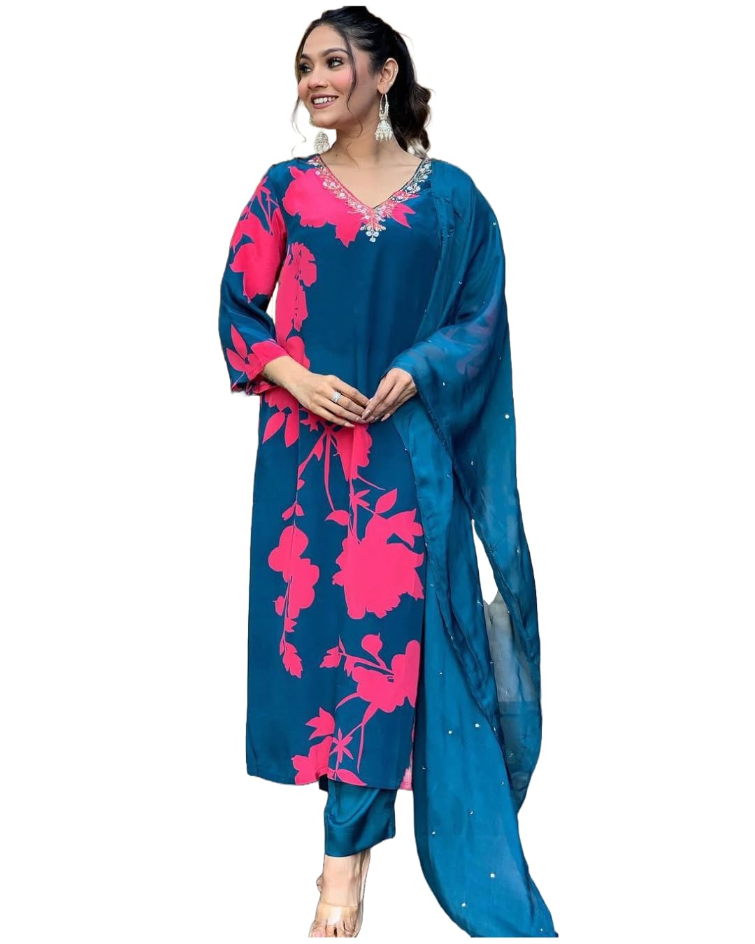 Gosriki Women'S Cotton Blend Straight Printed Kurta With Pant & Dupatta (Protin-Cerosin-Gs_S_Blue_Small),Blue,,B0CP2MYXTY