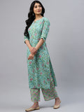 Gosriki Women'S Cotton Blend Floral Printed Straight Kurta With Palazzos & Dupatta (Panal-See Green_Xl-Gs_Green_X-Large),Green,,B0BPH19547