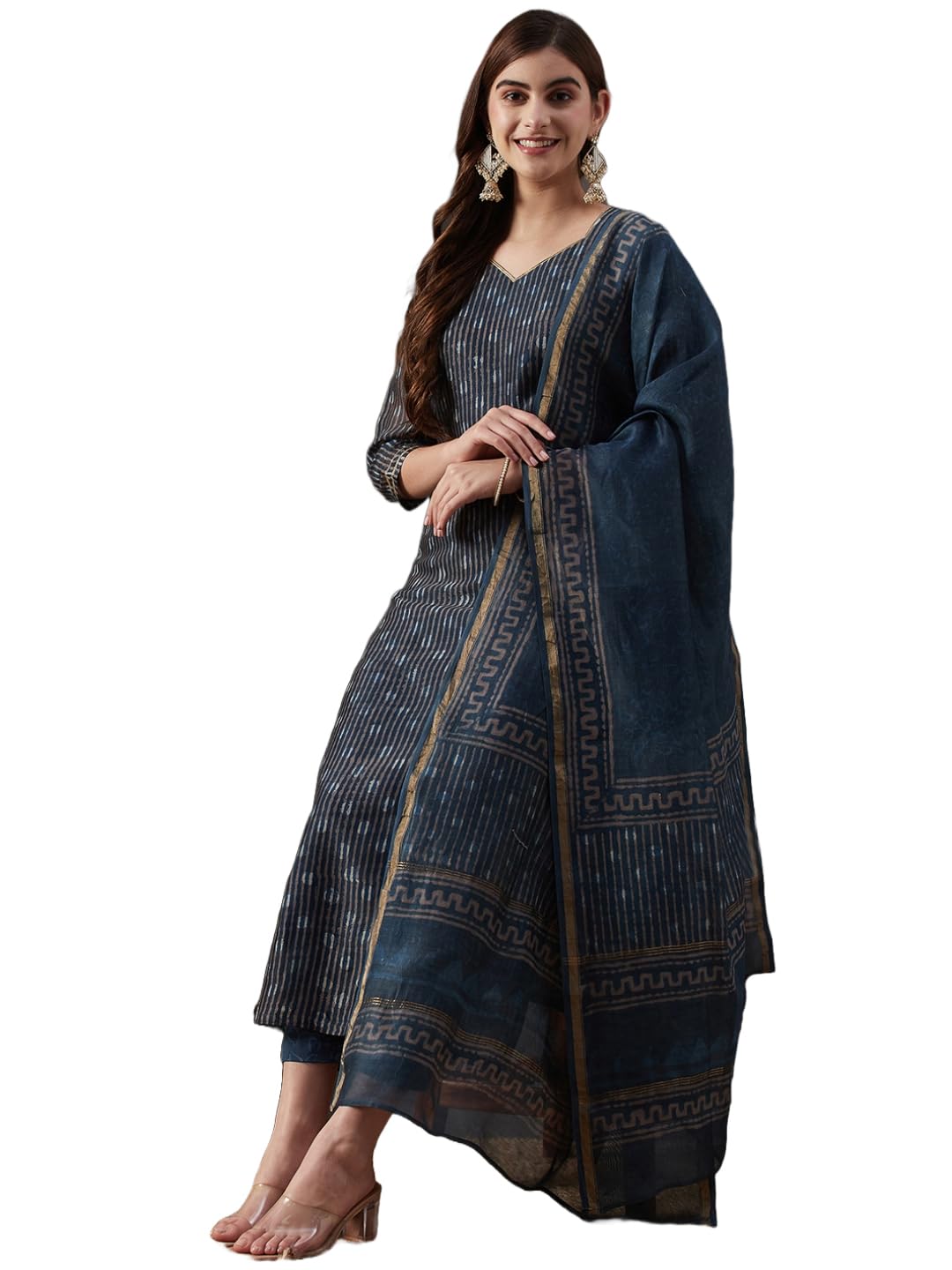 Anni Designer Women'S Cotton Blend Straight Printed Kurta With Pant & Dupatta (Kabala Blue_Xxl_Blue_Xx-Large),Blue,2XL