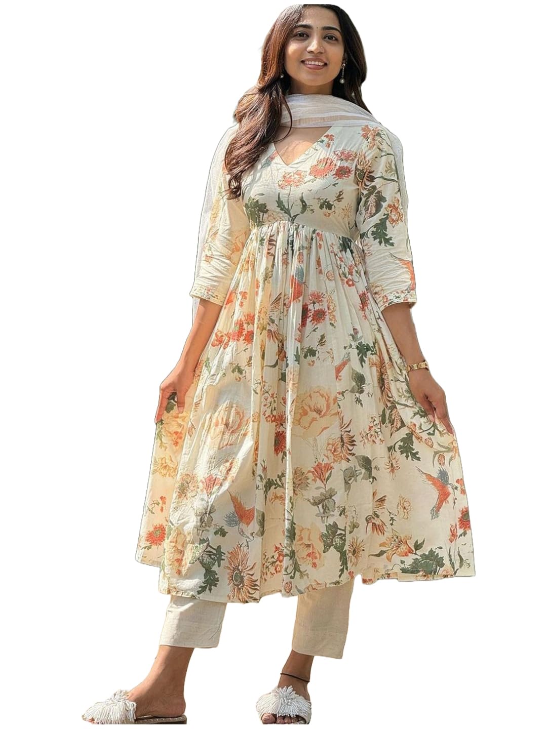 Anni Designer Women'S Rayon Blend Printed Anarkali Kurta With Pant & Dupatta (Sudan Cream_L_Cream_Large),Cream,L