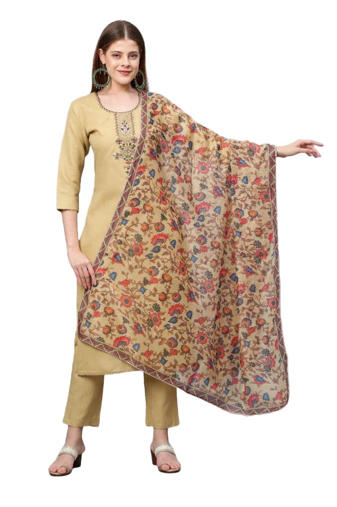 Gosriki Women'S Cotton Blend Straight Printed Kurta With Pant & Dupatta (Authentic Beige_5Xl-Gs_Beige_Xxxxx-Large),Beige,5,B0BLN9VL5X
