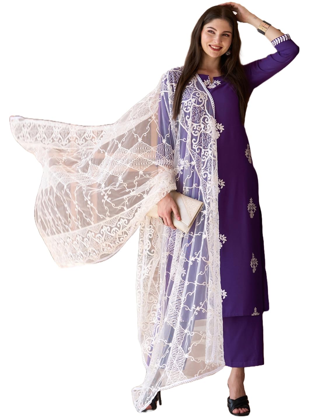 Anni Designer Women'S Cotton Blend Straight Embroidered Kurta With Palazzo & Dupatta (Ditto Begni_S_Blue_Small),Blue,S