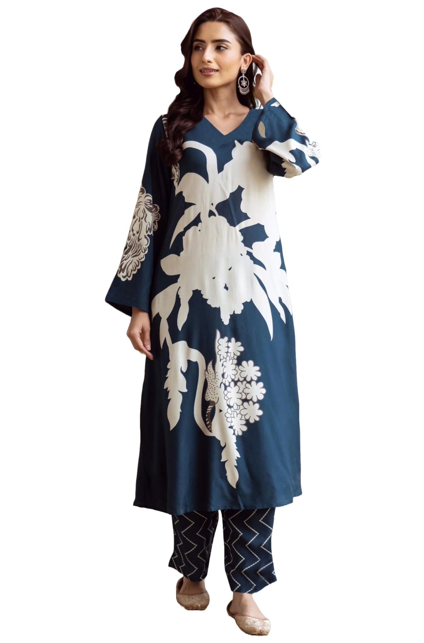 Anni Designer Women'S Cotton Blend Straight Printed Kurta With Palazzo (Cukari Blue-Vks01_M_Blue_Medium),Blue,M