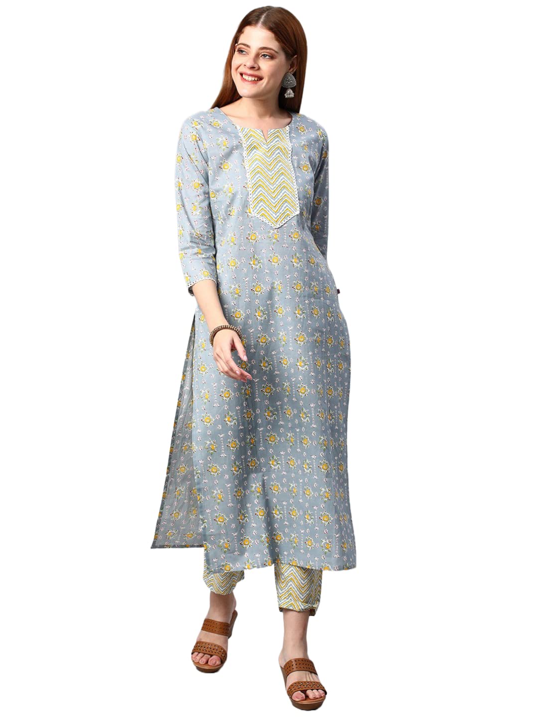 Anni Designer Women'S Cotton Blend Traditional Straight Printed Kurta And Pant Set (Mikaa Grey_M_Grey_Medium),Grey,M