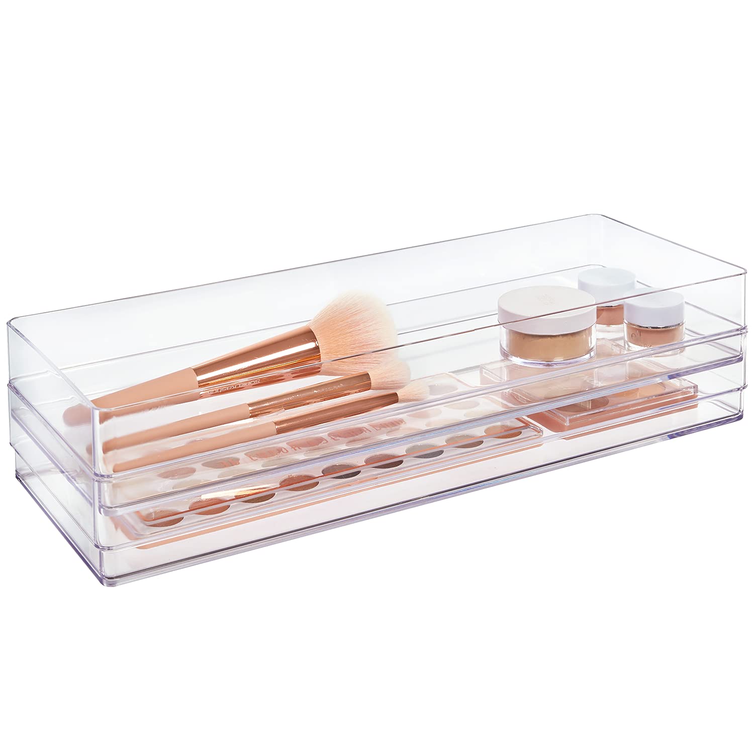 STORi SimpleSort 2-Piece Stackable Clear Drawer Organizer Set | 15 x 6 x 2 Rectangle Trays | Wide Makeup Vanity Storage