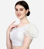 Pujia Mills Women'S Shipali Net Work Ruffle Sleeves Readymade Saree Blouse (Shipli Jhadu White_White_38 Size + Margin)