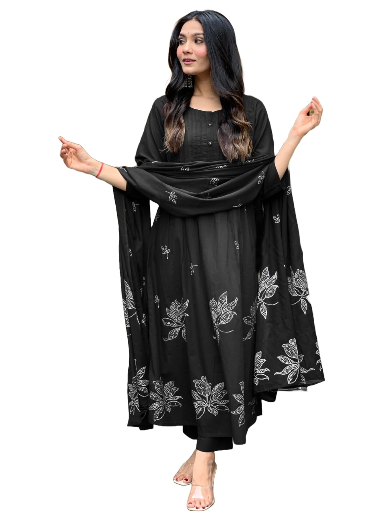 Anni Designer Women'S Rayon Viscose Anarkali Printed Kurta With Pant & Dupatta (Gangori Black-Vks01_S_Black_Small),Black,S