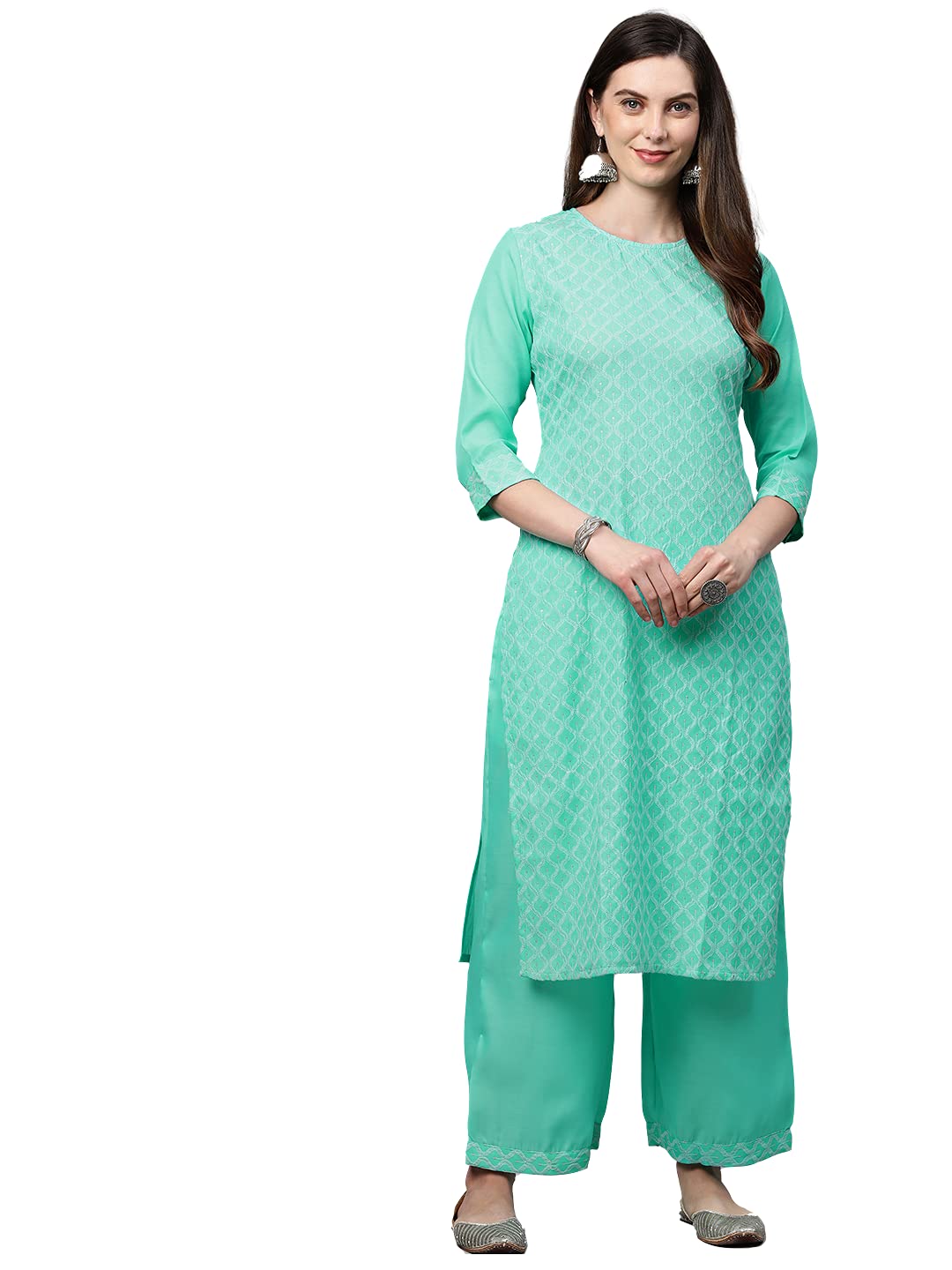 Anni Designer Women'S Cotton Blend Kurta With Palazzo (Kpz-Cot-10006-Sea Green_M_Sea Medium),Sea Green,M,,,