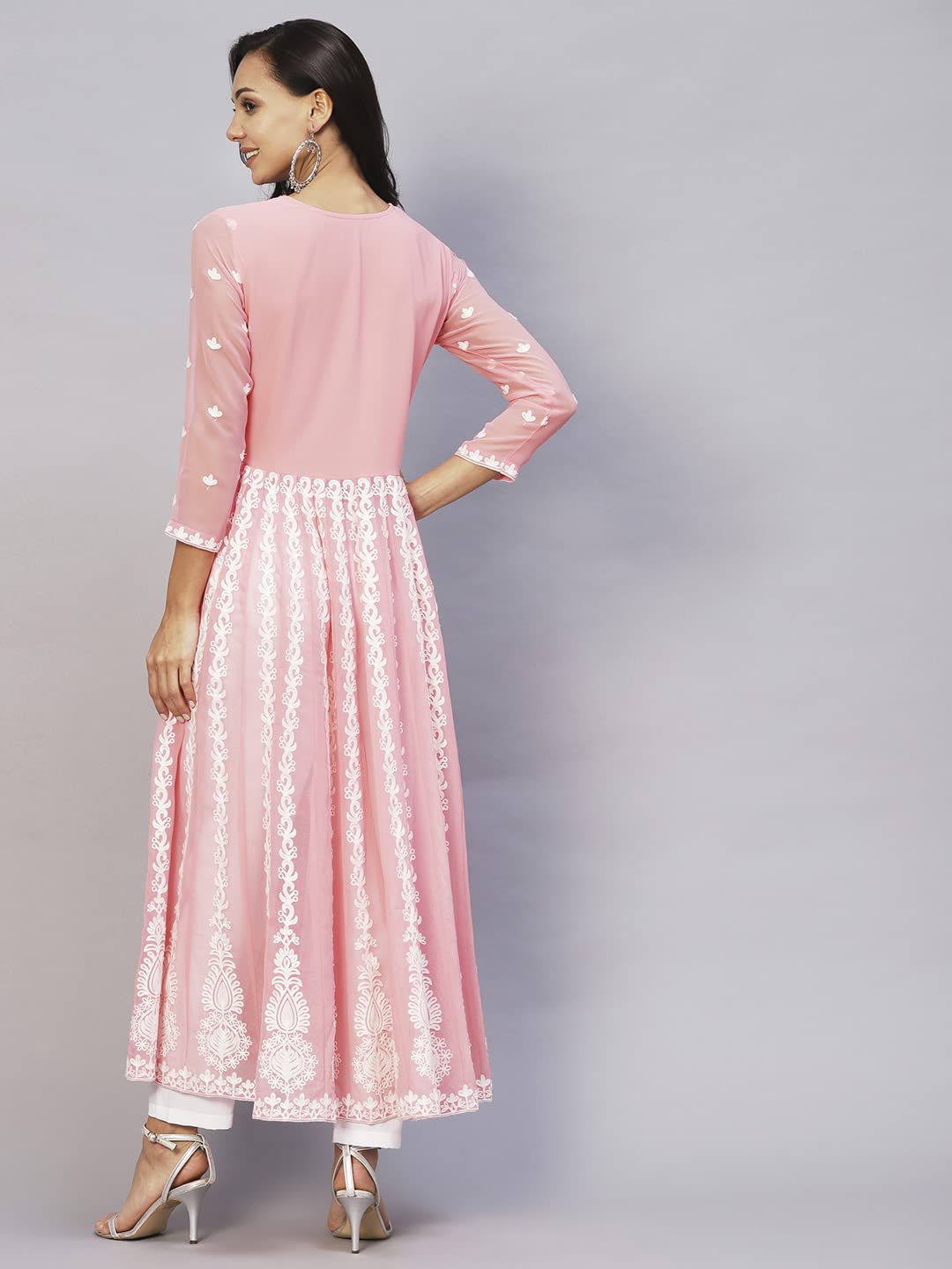 Anni Designer Women'S Georgette Chikankari Embroidered Anarkali Kurti (Kari Peach_L_Peach_Large),Peach,L,Georgette,Anarkali,Kurti, kurta