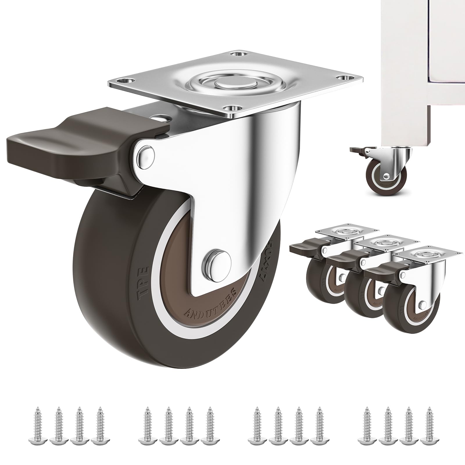 ANDUTEES 2 Caster Wheels Set of 4, Wheels for Carts, Furniture Casters with Brake, No Noise Locking Rubber Wheels, Plate Swive
