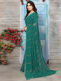 Satrani Womens Georgette Foil Printed & Lace Saree With Unstitched Blouse Piece (3184S2267Na_Green3)