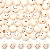 GORGECRAFT 60Pcs Smile Face Wooden Beads 1/25mm Large Natural Wood Round Ball Spacer Bead Smiling Face Printed Doll Head Loose B