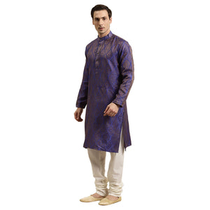 Sojanya (Since 1958 Men'S Jacquard Silk Blue & Gold Kurta & Off-White Churidar Pyjama Set Size 40