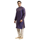 Sojanya (Since 1958 Men'S Jacquard Silk Blue & Gold Kurta & Off-White Churidar Pyjama Set Size 40