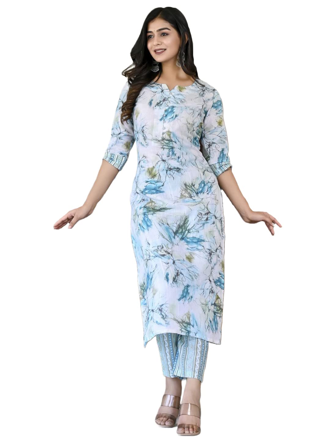 Gosriki Women'S Cotton Blend Printed Straight Kurta With Pant (Ps-Rama-Green-Cmd-Gs_3Xl_Green_Xxx-Large),Blue,3,B0C6GWPFDT
