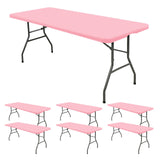 6 Pack Fitted Tablecloth for 8 Foot Rectangle Tables, Pink Elastic Outdoor Picnic Table Cover, Washable Stretch Folding Table Cl