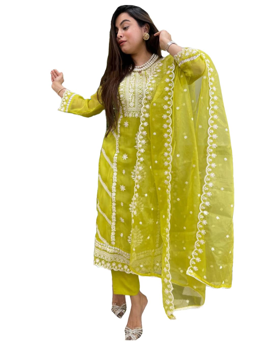 Anni Designer Women'S Rayon Blend Straight Embroidered Kurta With Pant & Dupatta (Carlton Lemon_M_Lemon_Medium),Lemon,M