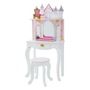 Teamson Kids Dreamland Princess Play Vanity Set with Mirror, Shelf, Storage Drawer, Stool, and Accessories for 12 Dolls, White