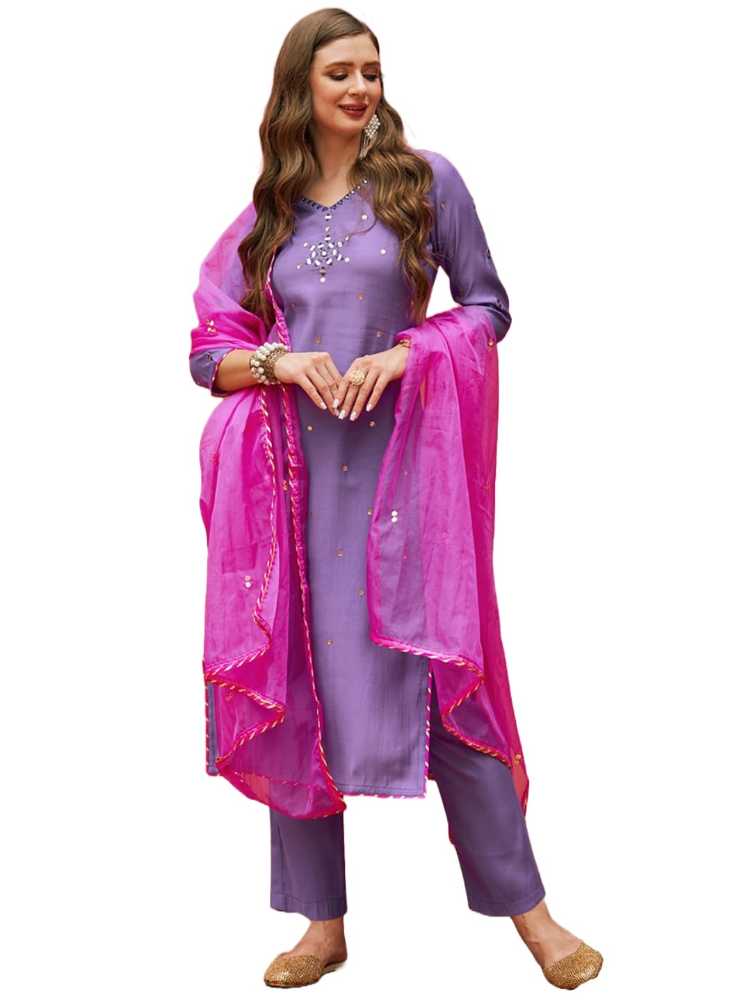 Gosriki Women'S Cotton Blend Mirror Work Straight Kurta With Pant & Dupatta (Mirror-Purple-Nw-Gs_L_Purple_Large),Purple,,B0CKLQ4YY2