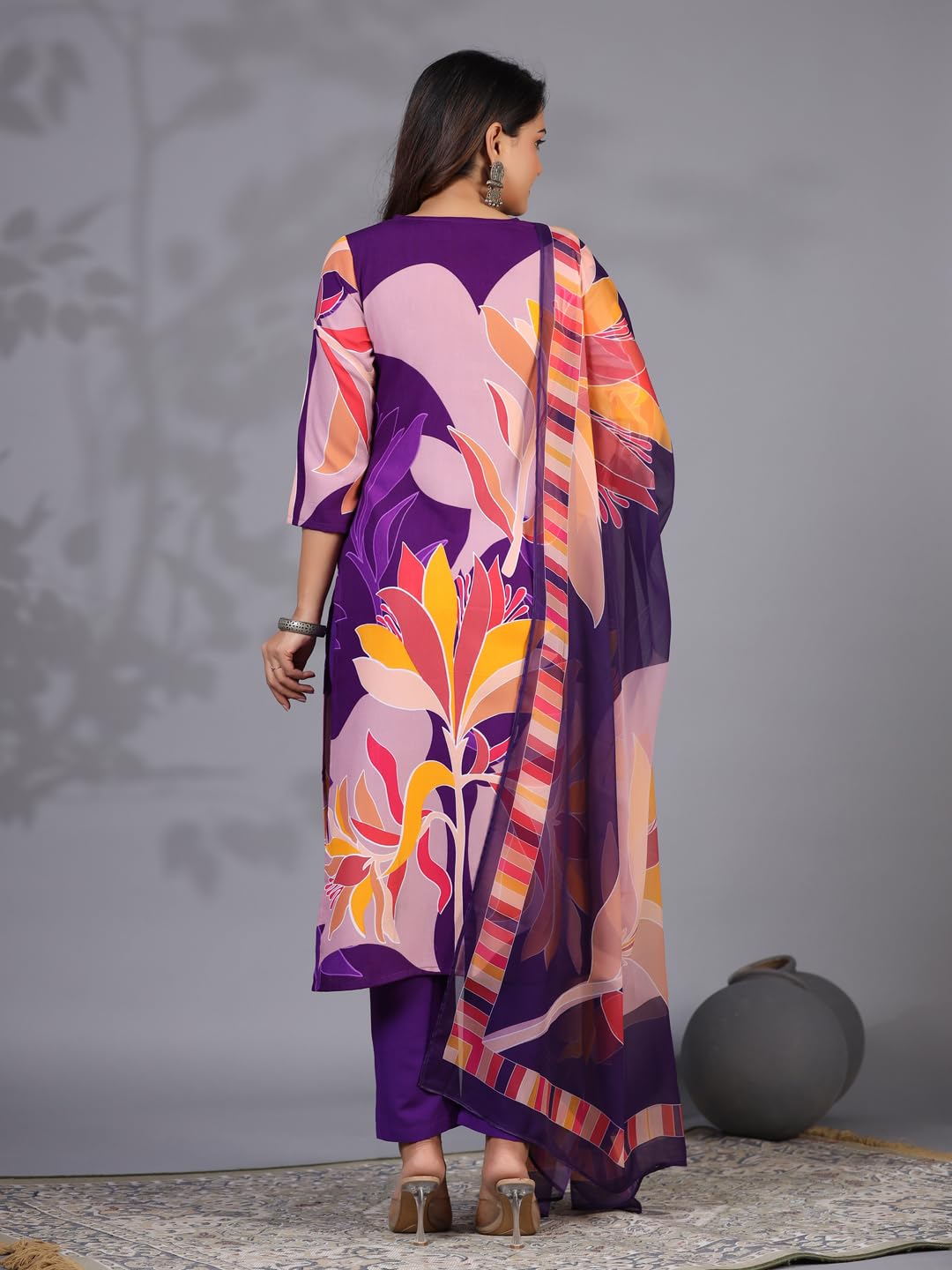 Gosriki Women'S Rayon Blend Printed Straight Kurta With Pant & Dupatta (Khissu Violet-Nw-Gs_M_Violet_Medium),Violet,,B0CYX6ZY5L