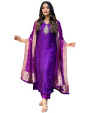 Gosriki Women'S Silk Blend Straight Embroidered Kurta With Pant & Dupatta (Premium Begani-Gs_L_Begani_Large),Begani,,B0D9WFH6YV