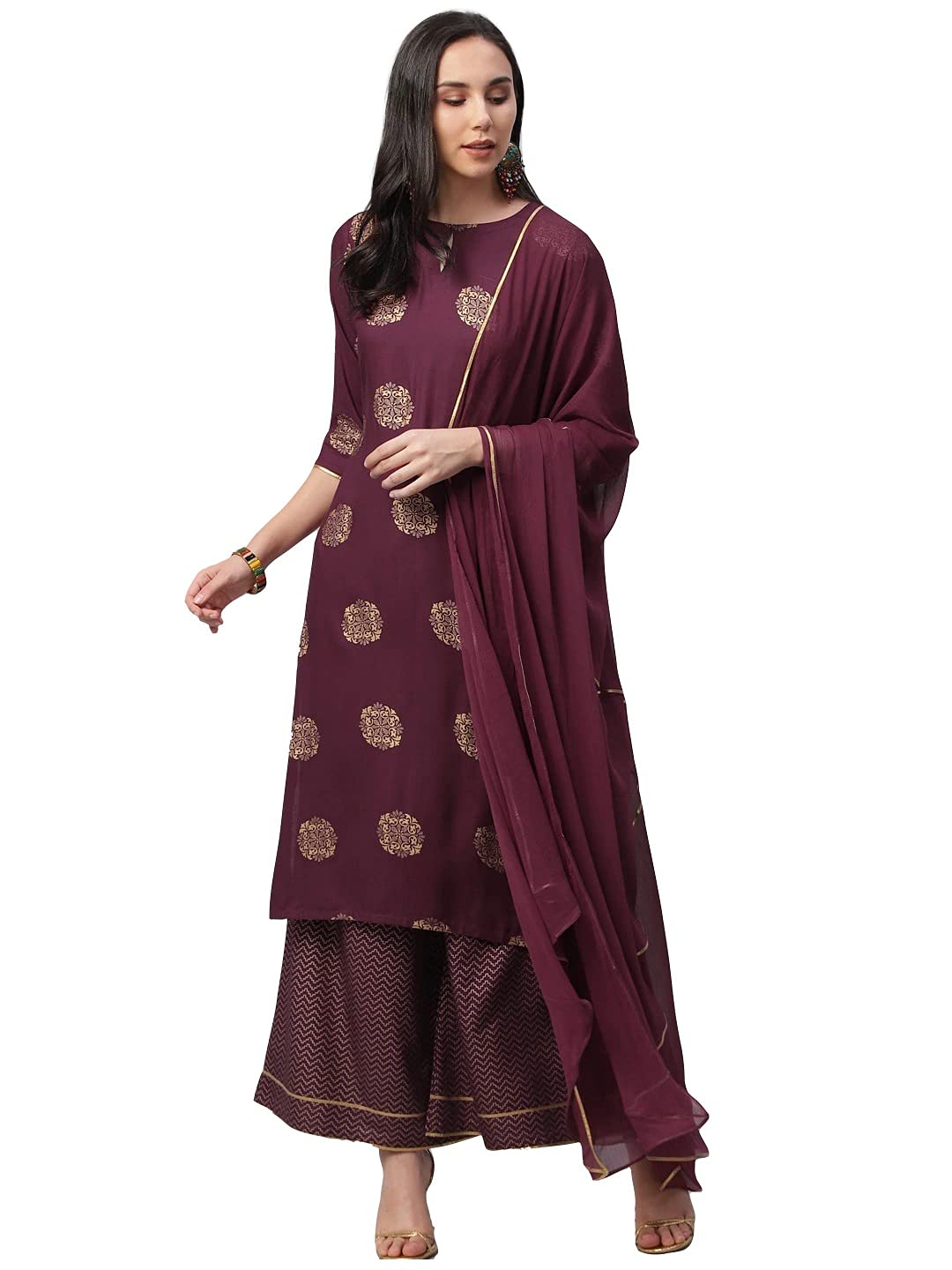Anni Designer Women'S Rayon Straight Kurta With Palazzos & Dupatta (Ayesha_Xl_Wine_X-Large),Wine,XL