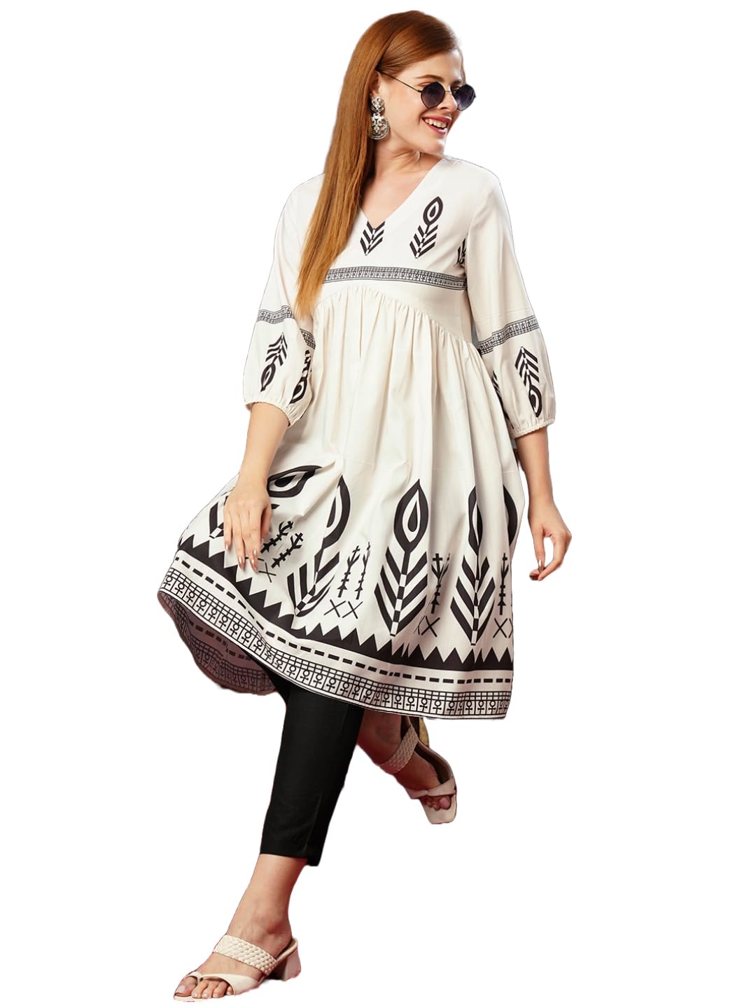 Anni Designer Women'S Cotton Blend Anarkali Printed Kurta With Pant (Abhirami White_Xxl_White_Xx-Large),White,2XL
