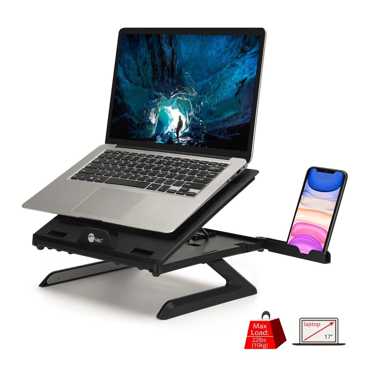 SIIG Laptop Stand, Ergonomic Adjustable Riser Stand, Smart Phone Holder & Heat-Vent, Portable Design Fit 10 to 17 (CE-MT3911