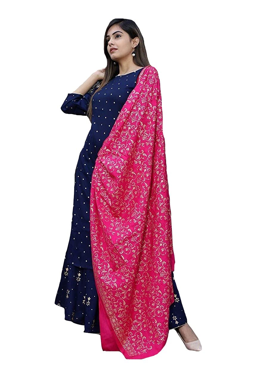 Gosriki Women'S Ruby Cotton Foil Printed Straight Kurta With Palazzo & Dupatta (Kashmiri-Blue_Xxl_Dark Blue_Xx-Large),Dark Blue,2,B097D8ZXBP