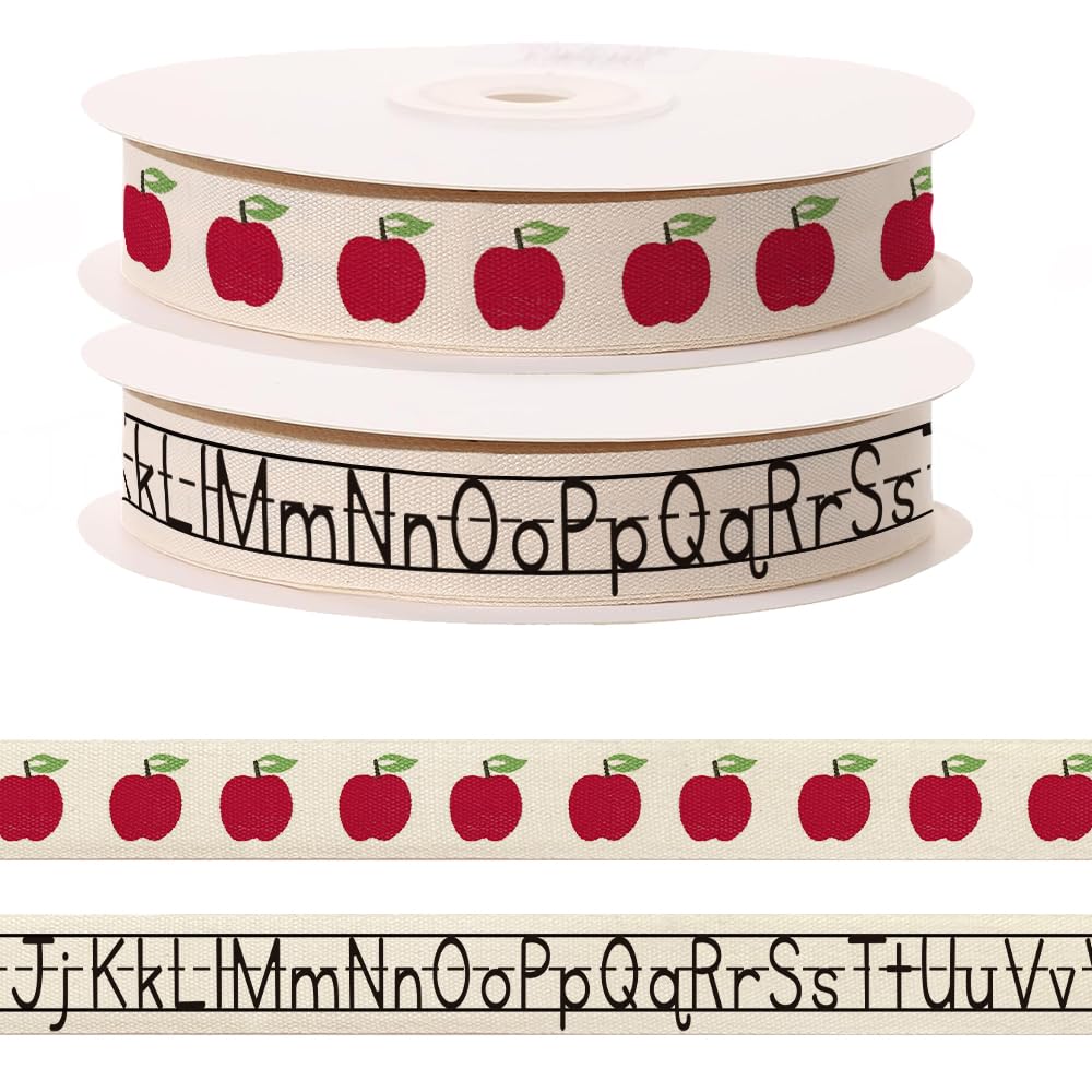 2 Pcs5 Yards Alphabet Letters Apples Ribbon for Crafting Sewing, 3/5 Inch Herringbone Natural Cotton Ribbons for Gift Wrappi