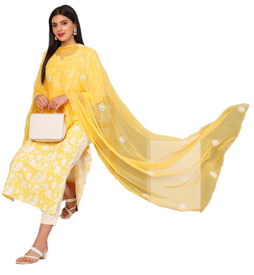 Anni Designer Women'S Cotton Blend Straight Printed Kurta With Pant & Dupatta (Mei Yellow-Nd_M_Yellow_Medium),Yellow,M,,,