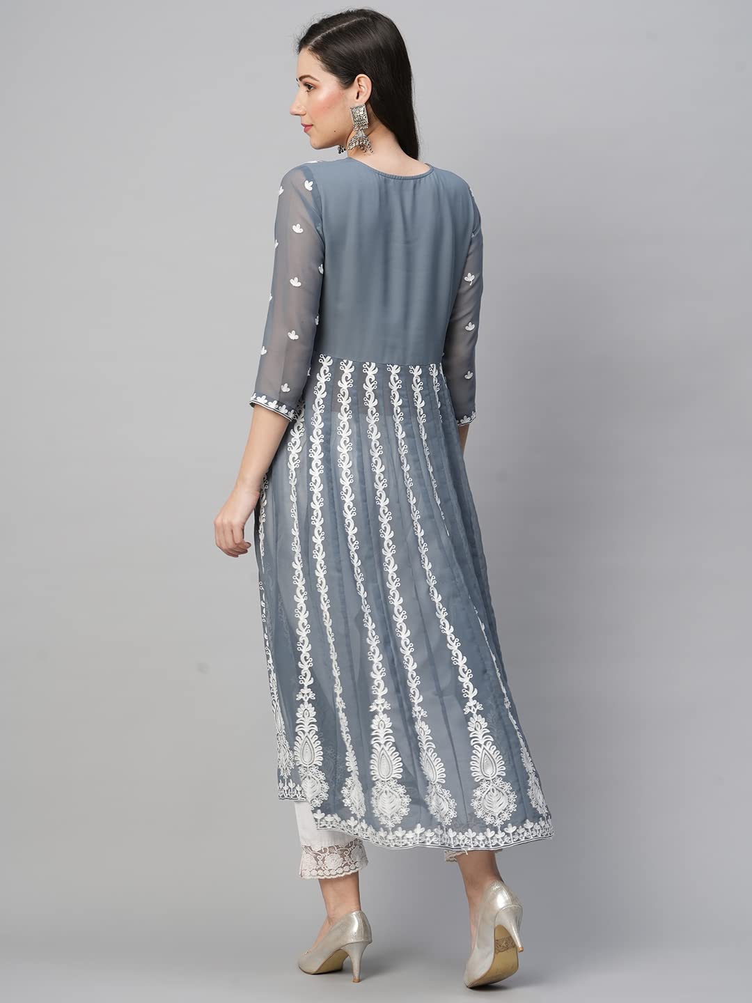 Anni Designer Women'S Georgette Chikankari Embroidered Anarkali Kurti (Kari Grey_L_Dark Grey_Large),Grey,L,Georgette,Anarkali,