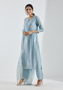 Gosriki Women'S Cotton Blend Straight Printed Kurta With Pant & Dupatta (Mataji Blue-Gs_Xl_Blue_X-Large),Blue,,B0D4VJ8444