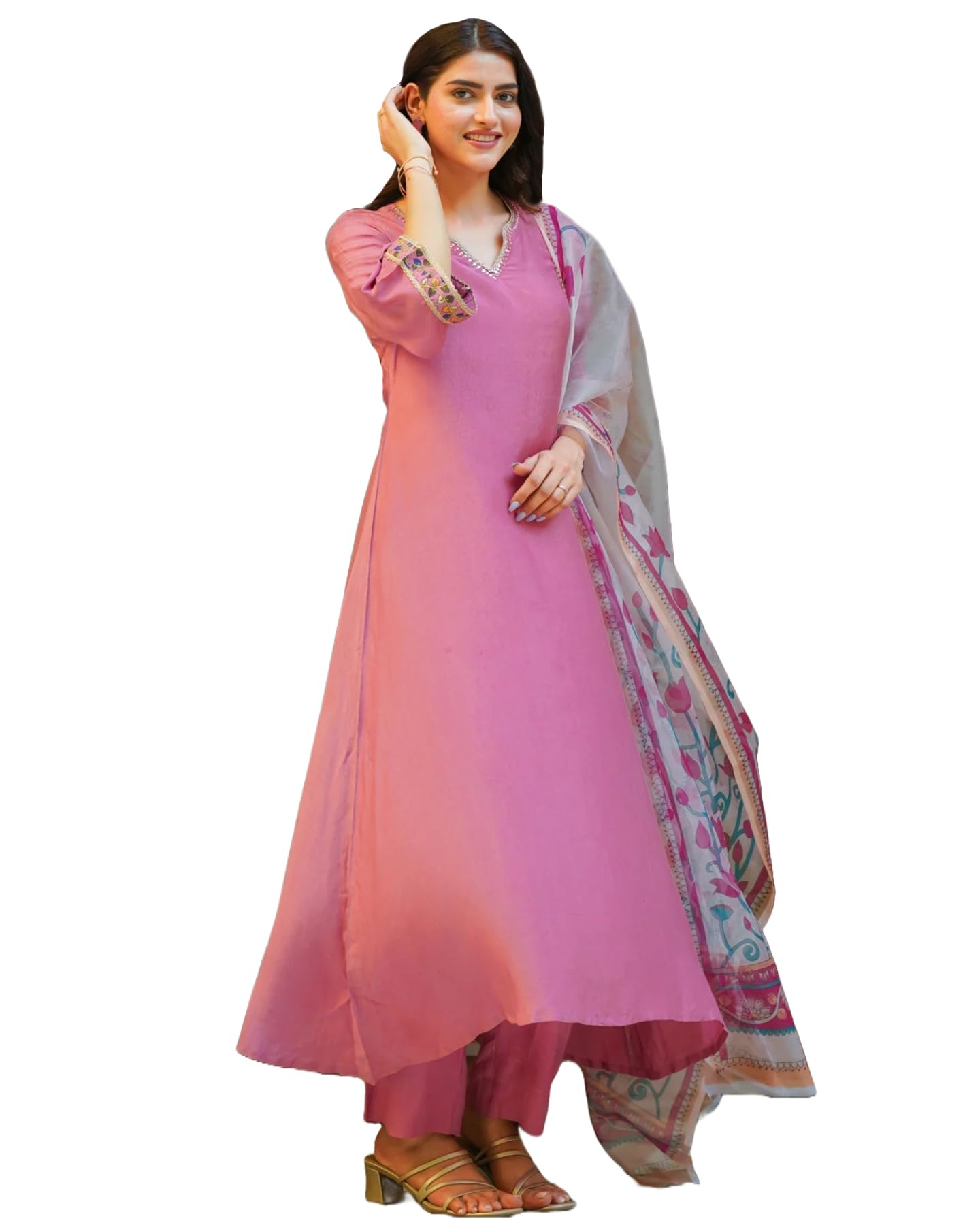 Anni Designer Women'S Rayon Viscose Anarkali Solid Kurta With Pant & Dupatta (Khadija Baby Pink_L_Pink_Large),Baby Pink,L