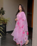 Gosriki Women'S Cotton Blend Straight Printed Kurta With Pant & Dupatta(Sikari Pink_L-Go_Pink_Large),Pink,,B0B4K97MLL