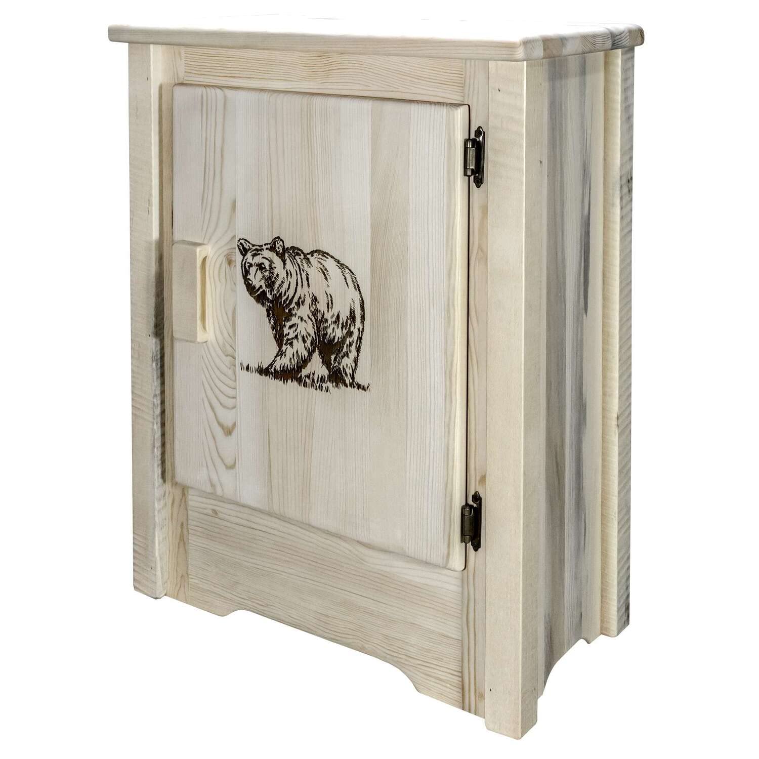 Montana Woodworks Homestead Collection Accent Cabinet With Laser Engraved Bear Design, Right Hinged, Clear Lacquer Finish