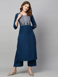 Anni Designer Women'S Cotton Blend Straight Embroidered Kurta With Pant & Dupatta (Mahuni) Blue,Blue,2XL,Cotton Blend,Regular,Dupatta