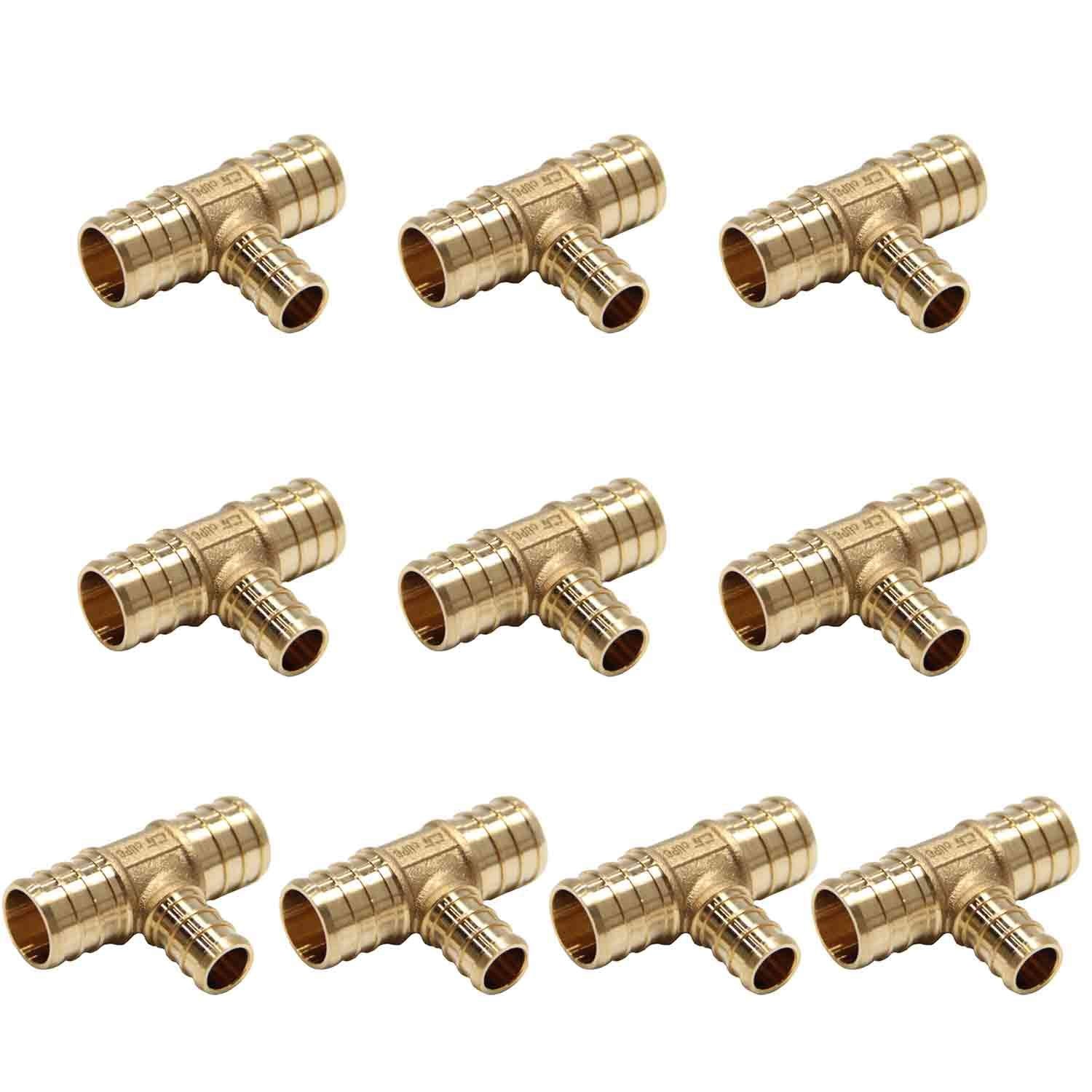 (Pack of 10) Efield 3/4 X 3/4 X 1/2 Pex Reducing Tee Brass Barb Crimp Fittings, ASTM F1807