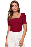 Wedani Women'S Casual Puff Sleeves Solid Top (Large Maroon),Maroon,L